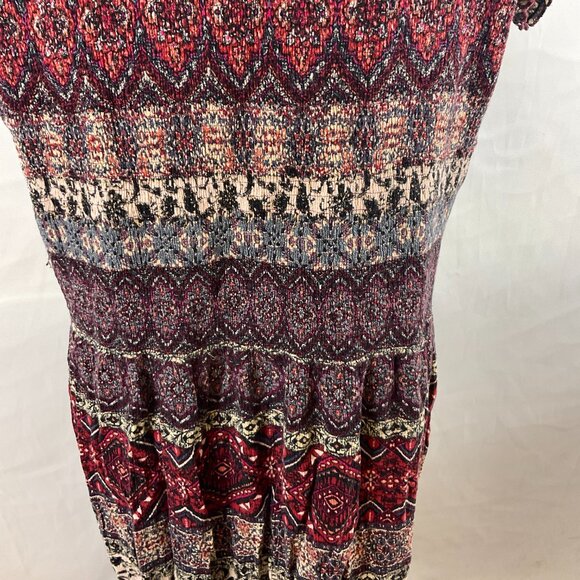 Soft Surroundings Smocked Dress 1X Maroon Cream Blue Mandala Print Short Sleeve - Picture 15 of 16